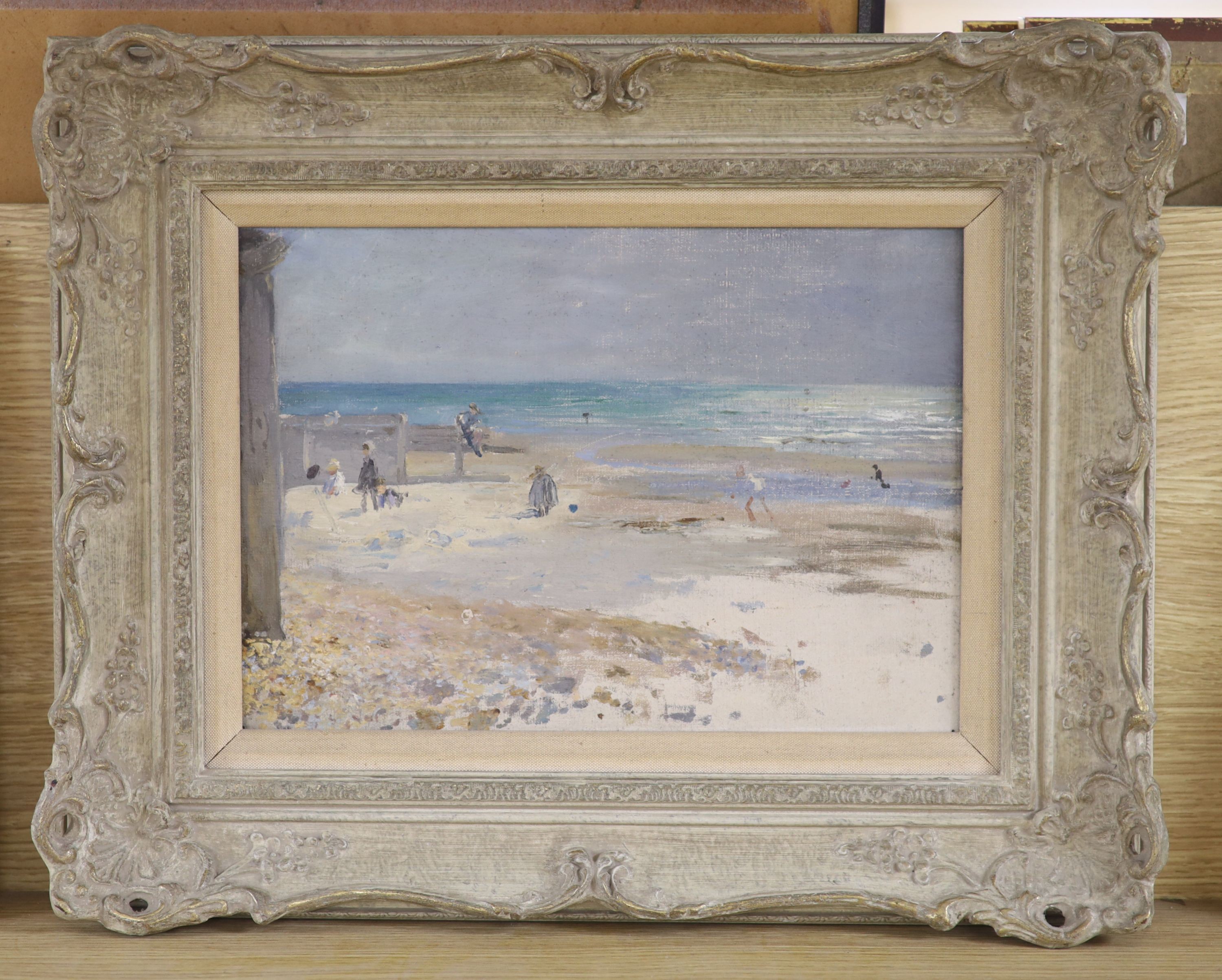 Kate Elizabeth Olver (1881-1960), oil on board, Beach Scene, inscribed verso, 24 x 34cm